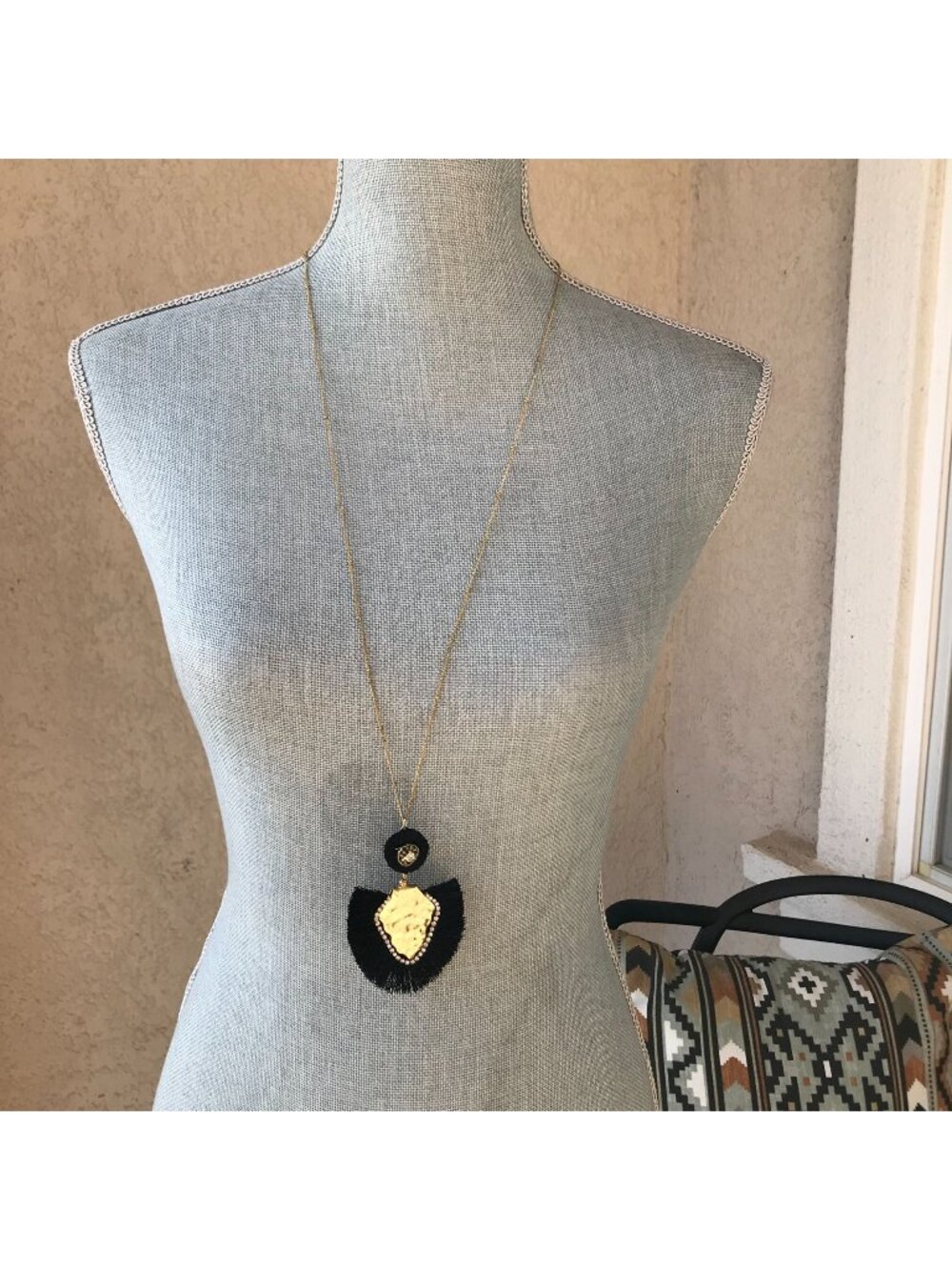 Anthropologie Boho Jewelry Long Statement Necklace Hammered Gold Black Fringe